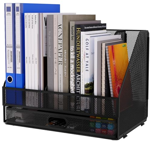 EasyPAG Desktop Metal A4 Magazine File Holder Mesh Desk Tidy Office Literature Document Ring Binder Paper Organiser Filing Rack with Drawer,5 Compartments,Black