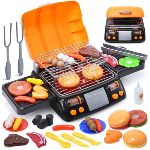 CUTE STONE Cooking Toy BBQ Set, 2 Layers Kids Grill Playset with Play Food, Pretend Smoke Sound and Light, Kitchen Accessories Utensils Toy, Outdoor Camping Barbecue Toys Gift for Toddlers Girls Boys