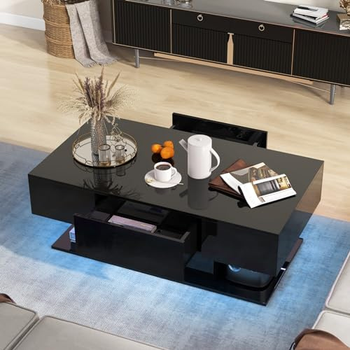 COSTWAY Mesa de Centro con LED Moderna, Decorativa de 2 Niveles con 20 Luces LED de Colores y 2 Cajones de Almacenamiento, Mesa Central Rectangular para Sala de Estar con Acabado Brillante (Negro)