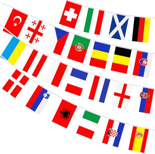 Hianjoo Lot de 2 Drapeau de Football Europe, Drapeaux de 24 Pays Européens x 2 pour Bar, Club, Jardin, Fête (21 * 14cm/Drapeau, 7,20m)