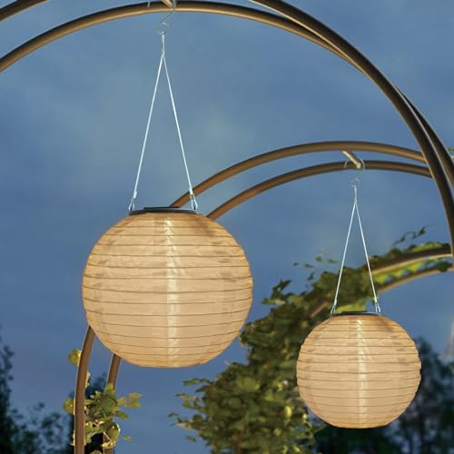 Auting Solar lampions außen, 2 Stück 20cm Solar Led lampions außen wetterfest Nylon Hängende Gartenlaterne, lampions solar outdoor für Garten, Terrasse, Hochzeit, Fest Deko(Warmweiß)