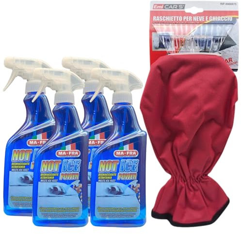 SET PER AUTO: Deghiacciante Spray Istantaneo NOT ICE POWER, Scioglie Rapidamente Gelo, Neve e Ghiaccio. Ideale Anche Per Serrature e Guarnizioni 500ml + Raschietto a Guanto (4xSpray+Raschietto)