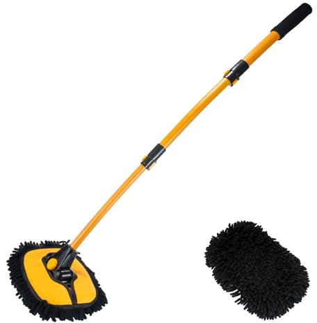 15° Curve Car Wash Brush with Long Handle, Microfiber Car Wash Mop with 2 Replaceable Chenille Brush Head, Soft Cleaning Brush with 15° Curved Extension Pole Car Wash Kit for RV SUV Truck Camper
