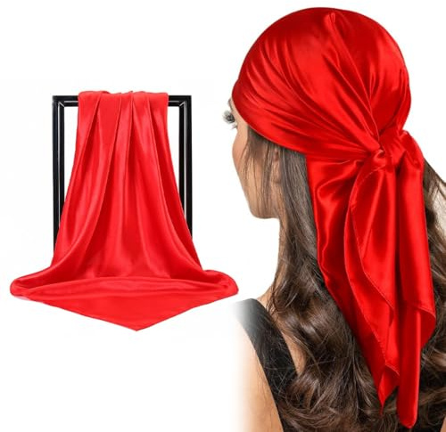 CULEO Foulard femme bandana rouge carré en satin de 90 cm soie uni pour femmes et filles