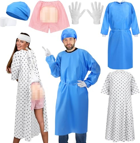Mepase 6 Pcs Halloween Couples Costume for Adult Doctor Surgeon and Patient Costume Unisex Hospital Patient Gown Funny Shorts for Halloween Couple Cosplay Medical Themed Party Events