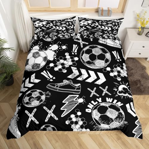 Homewish Copripiumino 200 x 200 cm, per bambini e calcio, 3 pezzi, set di biancheria da letto a tema sportivo, set di copripiumini con pallone da calcio, copri letto a nido d'ape vintage