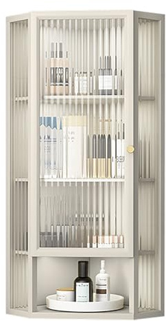 LIUJHGH Wall Mounted Corner Cabinet with Glass Door, Space-Saving Hanging Storage Cupboard, Modern Metal Corner Wall Cabinet for Bathroom, Kitchen, Living Room(Beige,35 * 90cm)