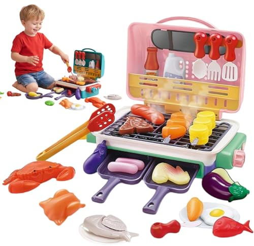 Magic Meals Kids Sensory Kitchen BBQ,35Pcs Kids BBQ Grill Toy - Barbecue Grill Toy Set,Kitchen Toy Set with Spray Sound & Color-Changing Food,Play Kitchen Accessories,Gift for Girls and Boys (B)