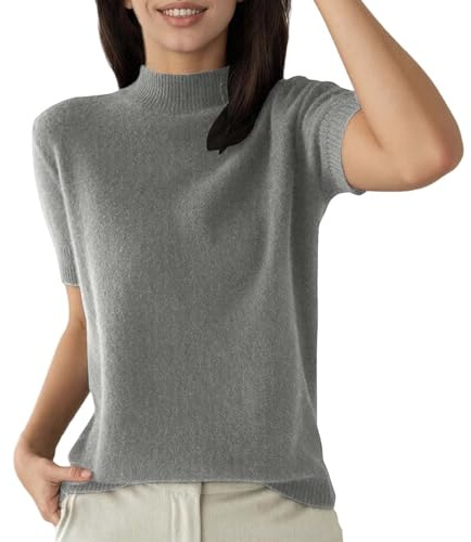 Women's Short Sleeve Knitted Jumper with Stand-Up Collar, Fine Knit Top in Minimalist Style, Elegant and Soft Basic Top for Business and Leisure