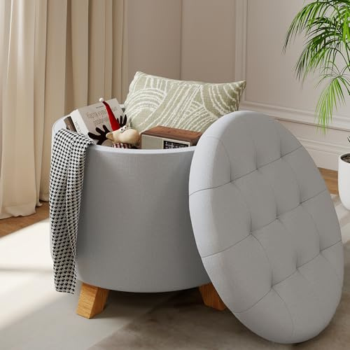 Skandiquip 18 Round Storage Ottoman,Tufted Upholstered Foot Stool with Reversible Tray Lid for Living Room Bedroom Office, Gray