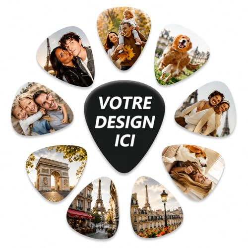 LOVEVEN Lot de 6 Médiators Guitare Personnalisés, Photo Texte Logo | Lot de 6 médiators ABS personnalisables avec photo, texte ou logo, en 4 épaisseurs pour guitare, basse et ukulélé.