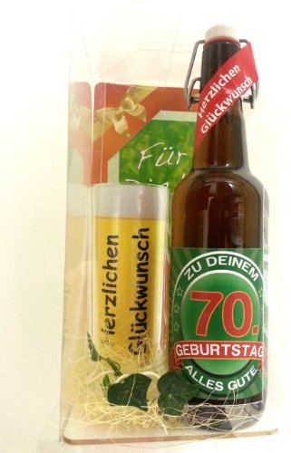 SünGross Geschenk Set, Bierset Bier Geschenk zum 70. Geburtstag das bei Frau und Mann Immer gut ankommt, Bierflasche mit Etikett, Glas Bierkrug und Geschenk Postkarte