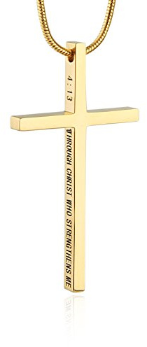 HZMAN Philippians 4:13 Cross Pendant STRENGTH Bible Verse Stainless Steel Necklace (Gold)