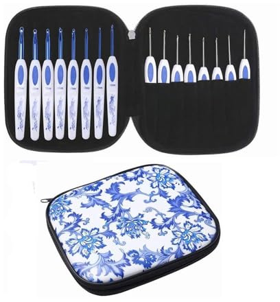 Demoyaya 16 Pcs Crochet Hooks Set, Non-Slip Handle, Knitting Needles with Case, Soft Easy Grip Ergonomic Handles for Arthritis Full Sets, Crochet Kits with Blue and White Porcelain Sheath