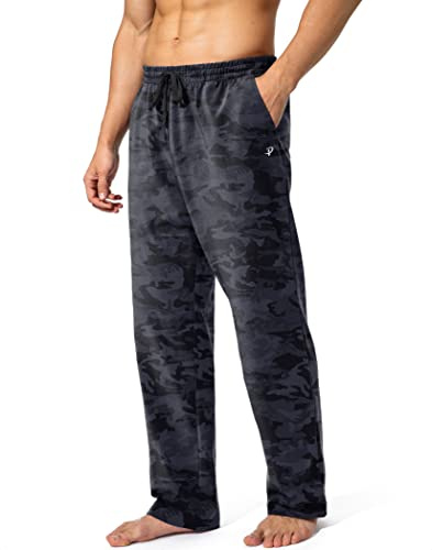 Pudolla Men's Cotton Yoga Sweatpants Athletic Lounge Pants Open Bottom Casual Jersey Pants for Men with Pockets (Camo Black Large)