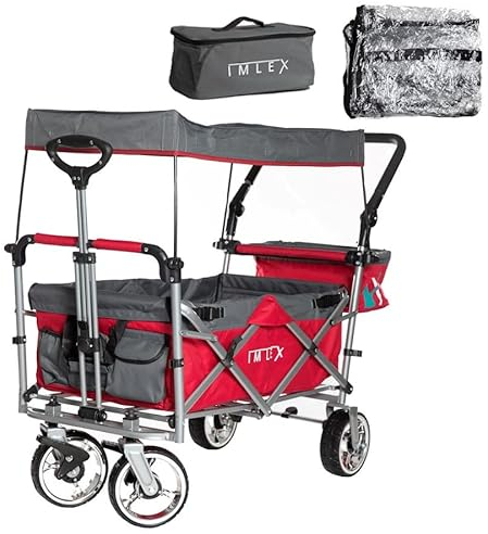 IMLEX Bollerwagen faltbar mit Dach IM-4268 mit passendem Zubehör (Rot, Mit Regenschutz + Kühltasche) (Rot, Mit Regenschutz + Kühltasche)