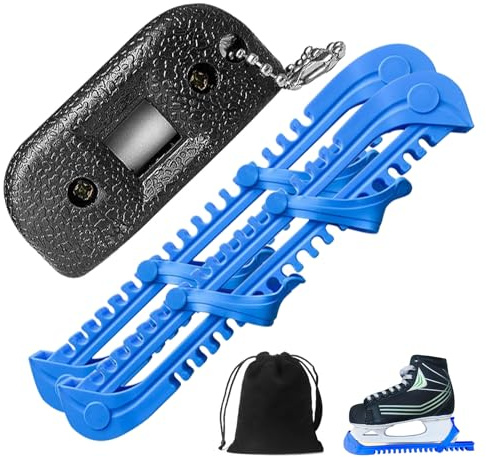 Newsmy 4 Pack Ice Skate Guards, 1 Pair Ice Skate Blade Covers, Ice Skate Sharpener with Velvet Bag, Ice Skating Accessories for Hockey and Figure Skating(Blue)