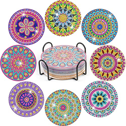 YAOYIN Diamond Painting Untersetzer, 8er Set DIY Diamond Painting Erwachsene Untersetzer mit Halter, 5D Diamond Painting Kinder Art Mandala, Kerzen Untersetzer Rund Boho Für Gläser Weingläser Vasen