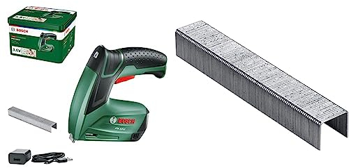 Bosch Akku Tacker PTK 3,6 LI (Integrierter Akku, 3,6 Volt, 30 Schläge/min, in Metalldose) & Tackerklammern (Typ 53 Länge 10 mm) (1000 Stück), 1er Pack