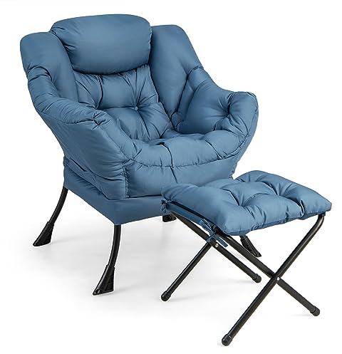 Giantex Lazy Chair with Ottoman, Accent Sofa Chair with Folding Footrest, Side Storage Pocket, Upholstered Leisure Lounge Armchair with Stool for Bedroom, Living Room, Office, Blue