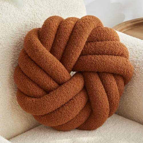 Vdoioe brun knut kudde 38 cm rund prydnadskudde mjuk plysch knut bollkudde handgjord knuten kudde modern hem dekorativ knuten kudde för säng sovrum, soffa, soffa