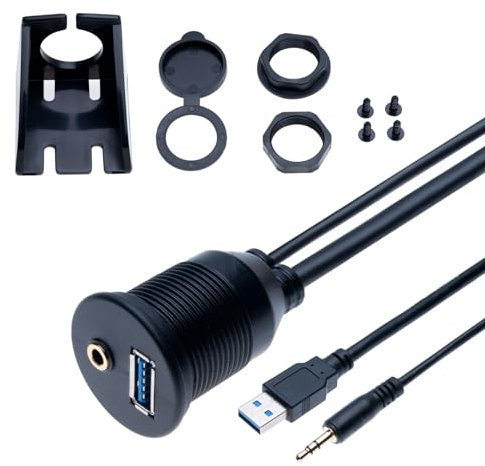 USB 3.0 Flush Mount Cable 3.5mm AUX Extension Lead 1M - Female Dashboard Panel Waterproof Code for Car, Bike, Motorcycle, Boat, Truck Trailer (1 Meter)