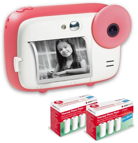 AGFA Photo Pack Realikids Instant CAM + 6 Rollos de Papel térmico ATP3WH adicionales, cámara instantánea Infantil, Pantalla LCD de 2,4 Pulgadas, batería de Litio, Espejo Selfie y Filtro de Fotos Rosa