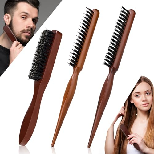 Nafafosa 3 Stück Wildschweinborsten Bürste Haarbürste Wildschweinborsten Schweineborsten Haarbürste Toupierbürste Naturhaarbürste Sleek Bun Bürste für Damen Herren zum Entwirren Haar Bart Styling