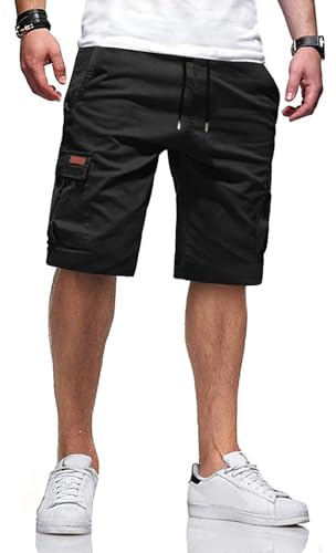 TARAINYA Cargo Short Homme éTé Coton Cordon de Serrage avec 6 Poches Taille Elastique Casual Short Noir XL