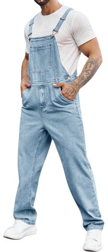 Runcati Salopette da uomo in denim, pantaloni da lavoro, pantaloni estivi streetwear, jeans casual, spalline regolabili, Blu, XL
