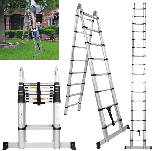 Aluminium Telescopic Ladder 5 Metre with Stabilizer, 2.5M+2.5M A-Frame Extension Ladder, Multi-Purpose Ladders Extendable Loft Ladder Portable Folding Ladder, 16 Steps Roof Ladder, Max Load 330lbs