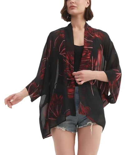Women's Boho Floral Print Kimono Bikini Cover Up Sheer Chiffon Loose Cardigan Blouse Wrap