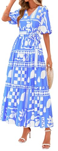 PRETTYGARDEN Women's Summer Maxi Dress 2026 Resort Wear Boho Floral V Neck Puff Short Sleeve Ruffle Flowy Beach Long Dresses(Blue Flower,Large)