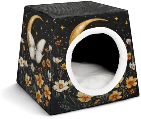 Crescent Moon Flowers and White Butterfly Pet Sleeping House Pets Nest Foldable Warm Cave with Pad Bed for Dogs Cats