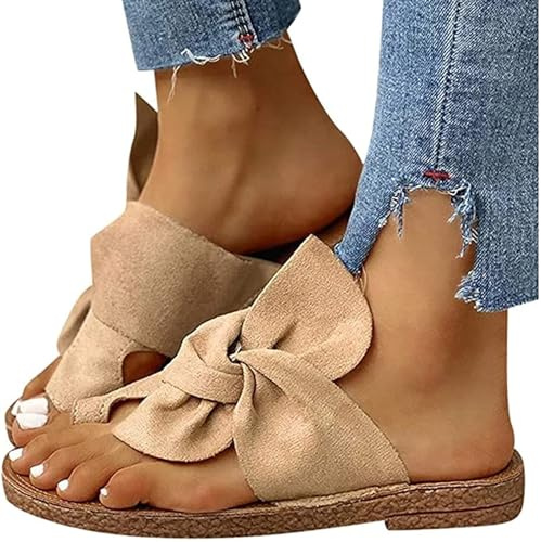 ZHOUYF Roman Sandals for Women Flat Summer Open Toe Slip On Beach Shoes Cork Sole Slippers Cute Bowknot Comfy Slide Sandals