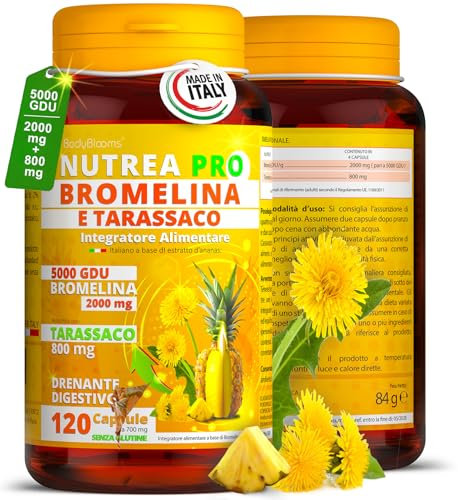Bromelina forte drenante con Tarassaco da 120cps. Bromelina extra forte drenante 5000 gdu/g azione Drenante forte dimagrante anticellulite.Bromelina complex cellulite gambe e glutei NUTREAPRO®