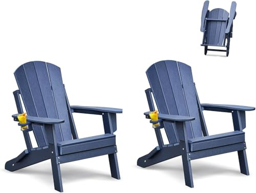 ART TO REAL ATR Klappbar Adirondack Stuhl Set of 2,Adirondack Chair Kunststoff mit Getränkehalter,Wetterfester Gartenstuhl Outdoor Sessel, Relaxsessel Plastik Garten Terrasse,Navyblau