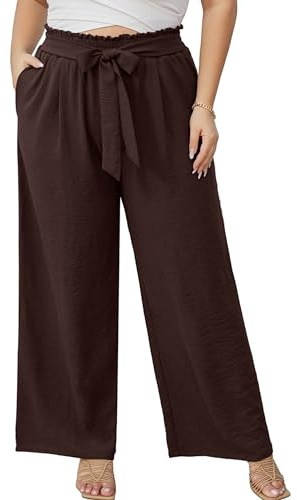 AusLook - Pantalones palazzo de pierna ancha para mujer, talla extragrande, con bolsillos, cintura alta, ajustables, con lazo, 1X-5X, 3XL Grande