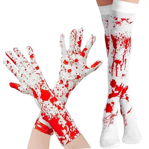 Damaiyyy Gants Squelette,Chaussettes et gants squelettes pour Halloween gants squelette Longs Chaussettes squelettes Au-Dessus du genou Bas Hautes pour Halloween Déguisement Cosplay