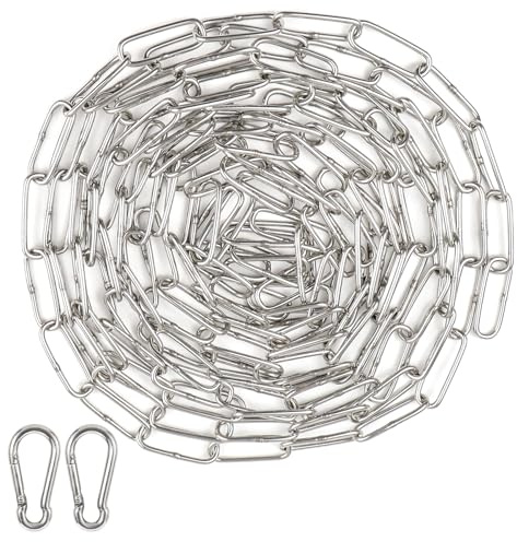 BEASAFY Cadena de acero de 3 mm de diámetro, cadena de acero inoxidable de 5 m por metro, cadena de acero inoxidable con 2 mosquetones, cadena de acero redonda plateada, cadenas pesadas para cestas