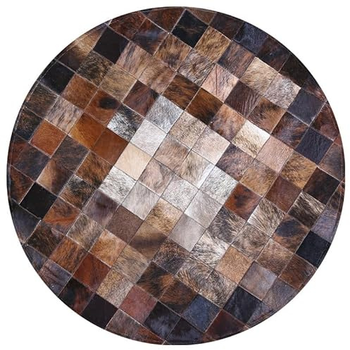 Suixtil Tappeto in Pelle Naturale, Tappeto Patchwork in Pelle di Mucca, Tappeto Rotondo in Pelle di Mucca Fatto a Mano, Tappeto for Soggiorno, Tappeto in Pelle Ecologica(Diameter-100CM)