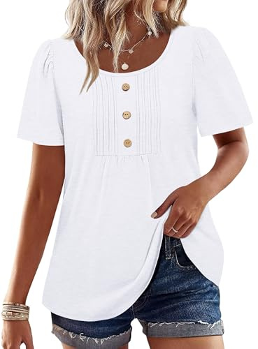 Womens Tops Dressy Casual Blouses Short Sleeve Shirts Plus Size Fashion Clothing Spring Summer Outfits Tuck Pleated Front White 2XL