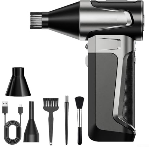 Gdfnmogo Souffleur à poussière portable sans fil avec kit d'aspirateur, moteur sans balais 160 000 tr/min, ventilateur turbo 200 W, batterie 5000 mAh, 3 vitesses pour voiture, clavier, bureau