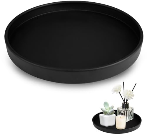 Bandejas Decorativas, Plato De Velas De Metal Negro, Bandeja Decorativa Redonda, Bandeja Decorativa de Metal, para Maquillaje, Joyas, Perfumes, Adornos Y Organizadores (Ø 20 cm, Negro Mate)