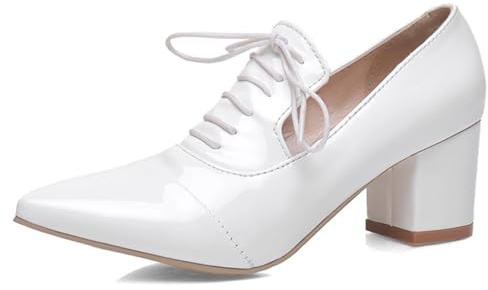 Snörningspump, spetsig tå, blockklack, lackläder, för affärer och speciella tillfällen, mellanklack, Oxford-stil, elegant komfort