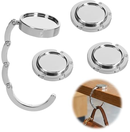 4 Pack Handbag Hook, Foldable Bag Holder for Table, Zinc Alloy, Silver | Portable zinc alloy bag hanger, sturdy table purse holder, space-saving design, elegant dining and shopping accessories