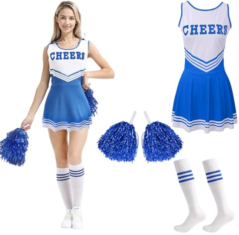MUNSKT Cheerleader Fancy Dress Outfit,Cheerleading Outfit with Pom Poms,Cheerleader Costume for Women Girls,Uniform High School Dress,Cheerleader Outfit Adult Fancy Dress Costume
