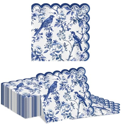 Tapufitil 40 Piezas servilletas de Borde Ondulado Azul y Blanco, servilletas Vintage de Flores Chinoiserie, servilletas de Papel Desechables para cóctel para decoración de Fiesta de cumpleaños