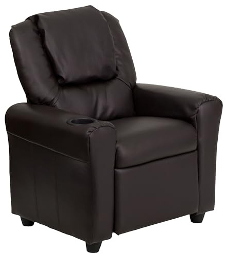 Flash Furniture Vana LeatherSoft Kids Recliner with Cup Holder, Headrest, and Safety Recline, Contemporary Reclining Chair for Kids, Supports up to 90 lbs., Brown