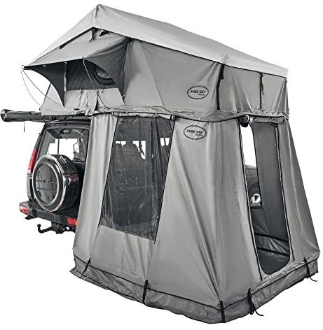 Prime Tech | Extended XL Autodachzelt mit Vorzelt | Softshell-Dachzelt mit Teleskopleiter & Matratze | Inkl. Vorzelt mit Bodenplane | 240x175 cm Liegefläche | Komfort für Camping | Grau